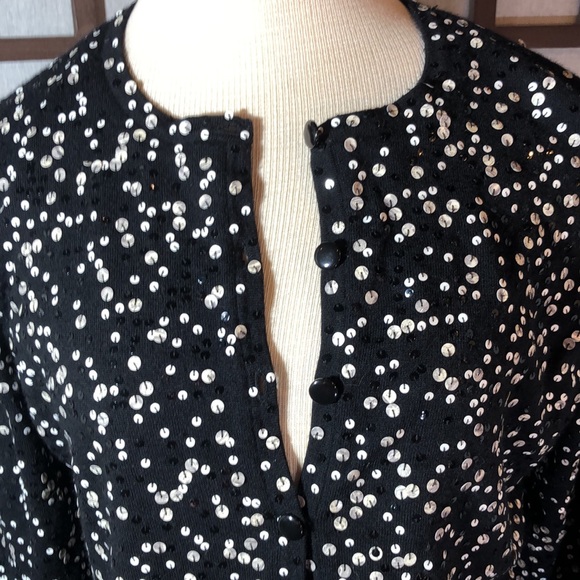 Talbots button down cardigan merino wool/ black with sequins Sz Medium/lined - Picture 3 of 11